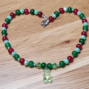 Christmas Gummy Bear Crystal & Glass Beaded Choker Necklace Red & Green Handmade